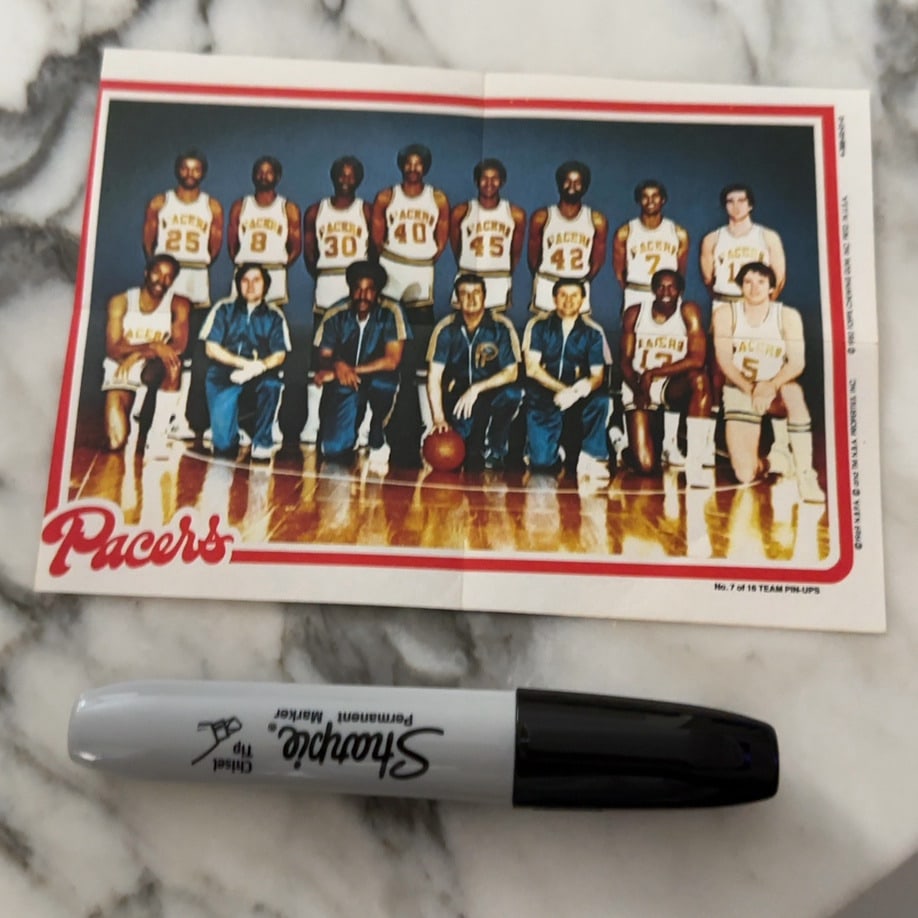 1982 Topps Indiana Pacers Team Pin-Ups: This is a 1982 Topps Indiana Pacers team pin-up, identified as No. 7 of 16 in the series. The item features a full-team photograph of the 1982 Pacers roster.