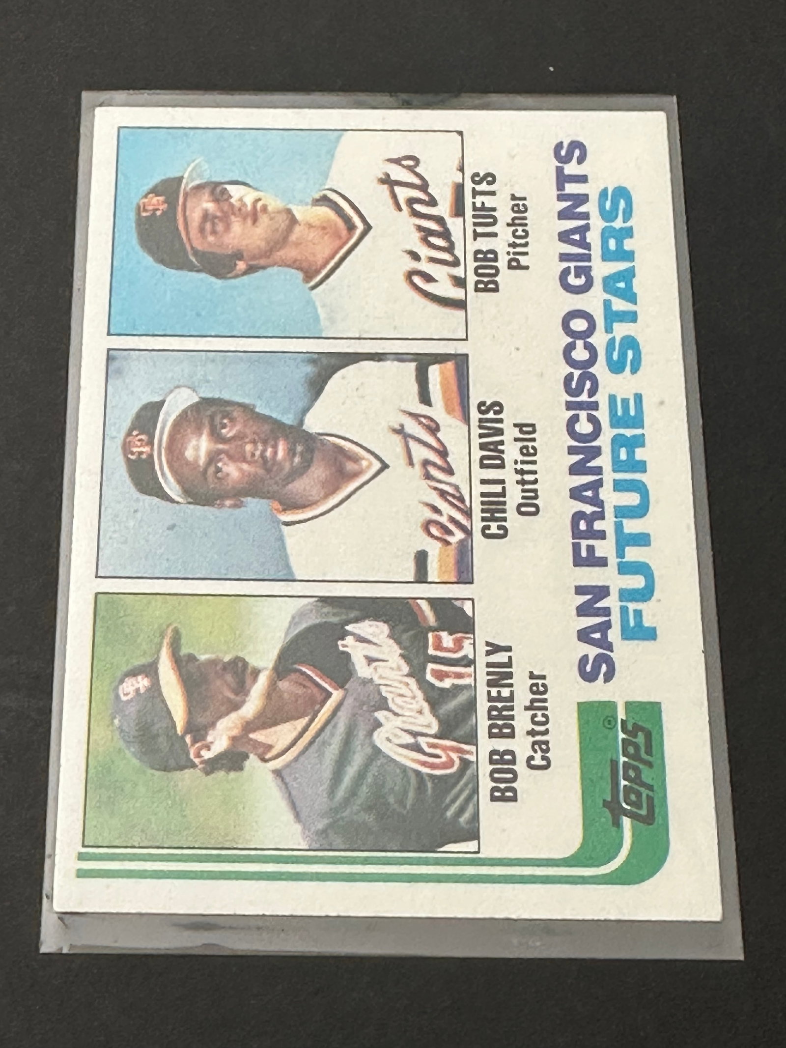 1982 Topps San Francisco Giants Future Stars: This 1982 Topps baseball card features San Francisco Giants 'Future Stars' Bob Brenly, Chili Davis, and Bob Tufts. Each player is shown in a portrait shot with their respective positions printed below