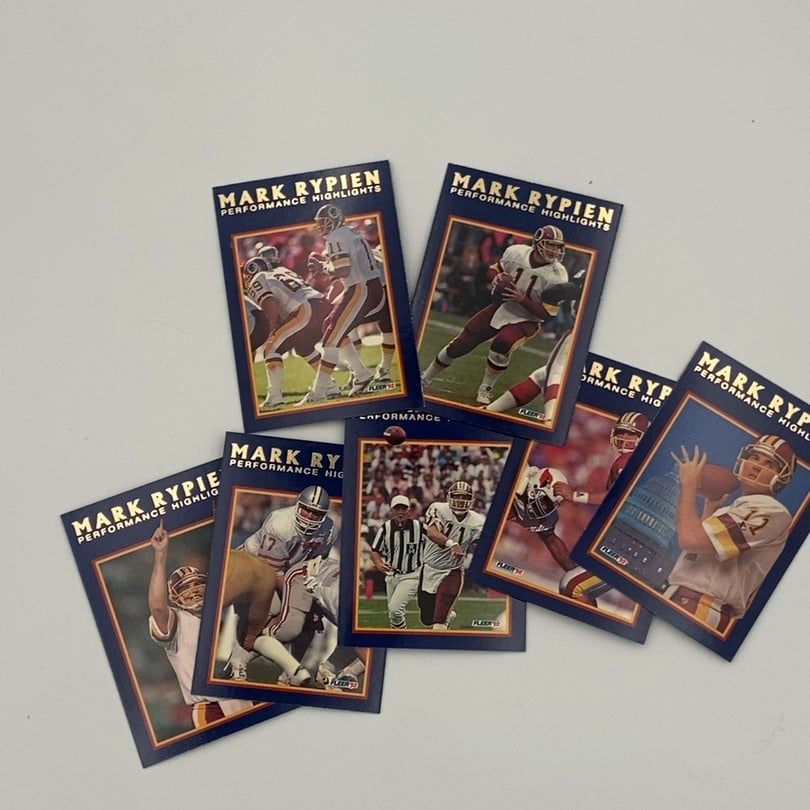 1992 Fleer Mark Rypien Performance Highlights: This is a collection of 1992 Fleer 'Performance Highlights' football cards featuring Washington Redskins quarterback Mark Rypien. The cards display various action shots of the player from the 1992