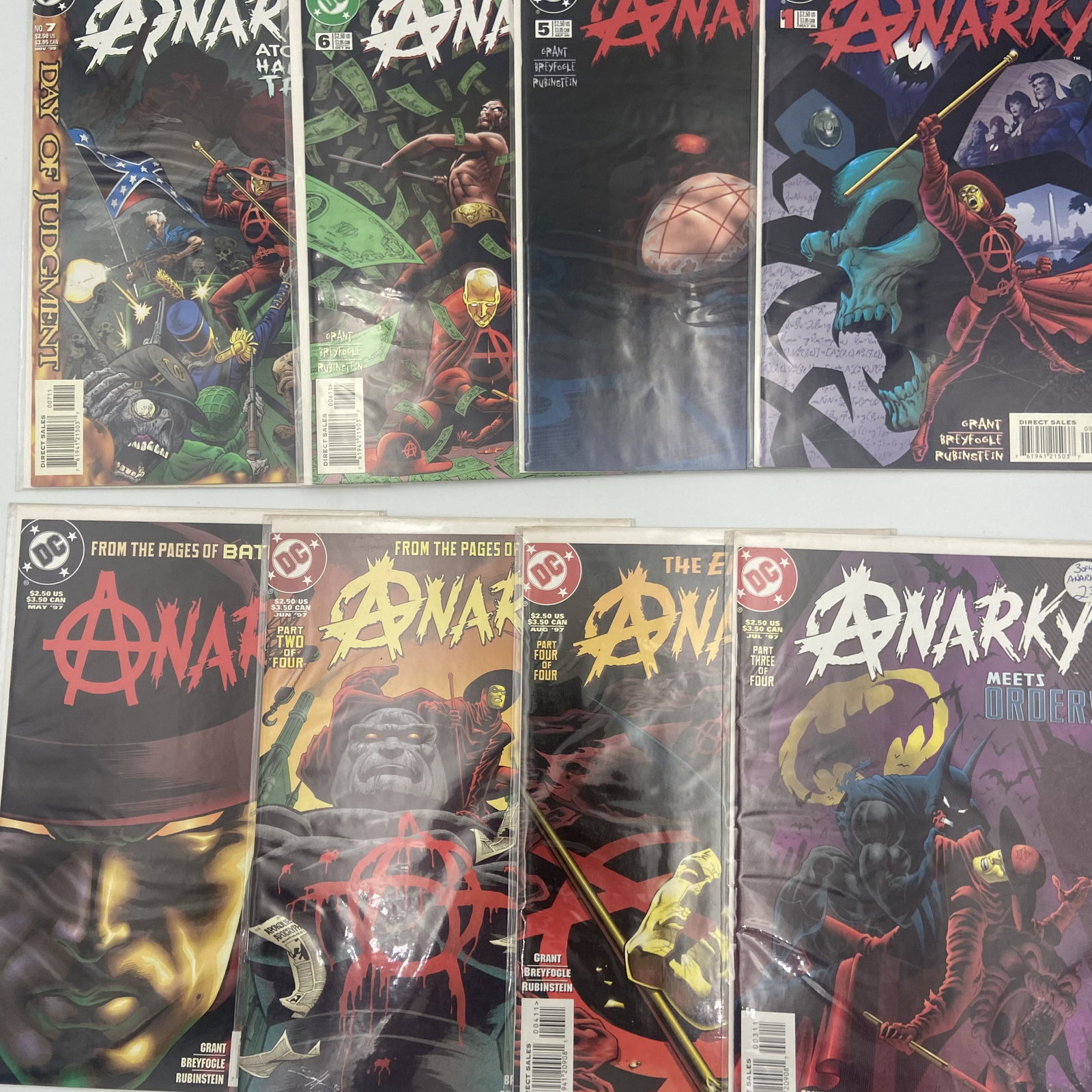 Anarky Comic Collection Lot: This is a collection of eight vintage DC Comics featuring the character Anarky. The set includes issues spanning from 1995 to 1997, featuring artwork by Norm Breyfogle and writing by Alan Grant. Each