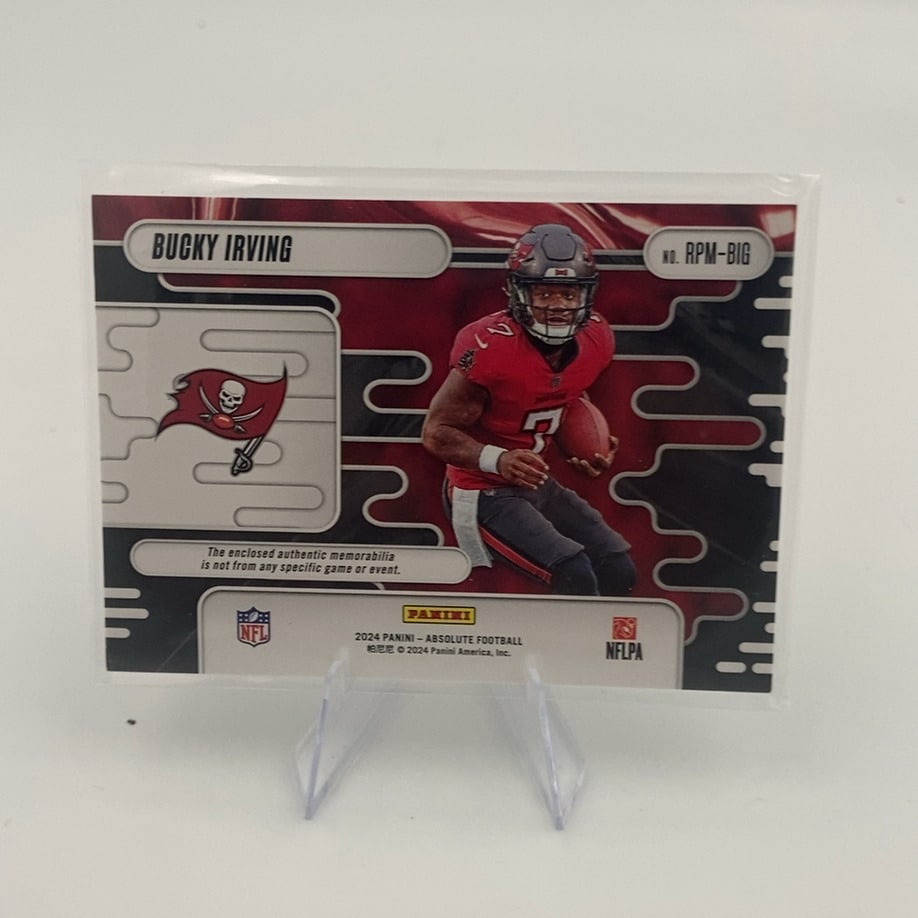 Bucky Irving Rookie Premiere: This is a 2024 Bucky Irving rookie card from the Absolute Football set. It features three jersey relic patches embedded in the front design. The card is numbered 263/399.
