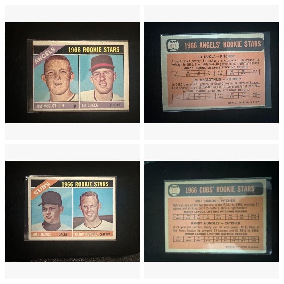 1966 Topps Angels' Rookie Stars: This is a 1966 Topps trading card featuring the Angels' Rookie Stars, Jim McGlothlin and Ed Sukla. The front displays headshots of both pitchers, while the back provides their minor league lifetime