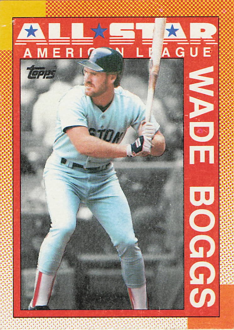 1987 Topps Wade Boggs: This is a 1987 Topps All-Star baseball card featuring Wade Boggs of the American League. The design features a distinct dot-patterned border and highlights Boggs in his Boston uniform.