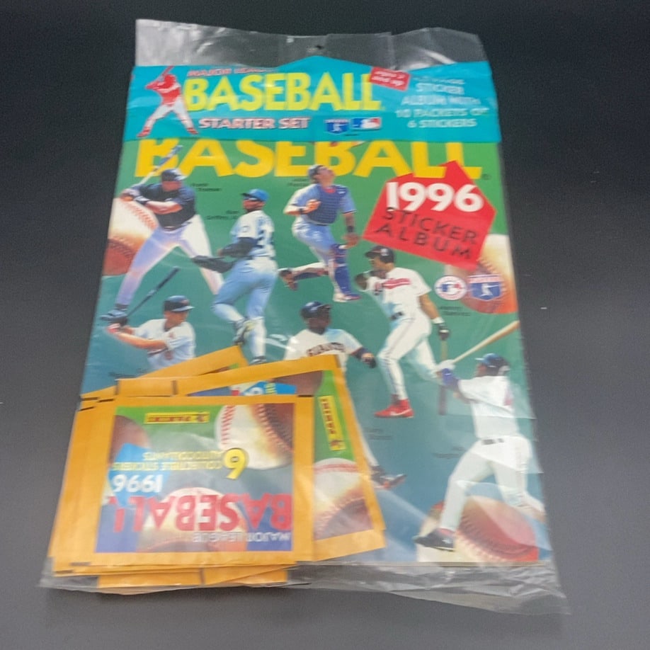 1996 Panini Major League Baseball Starter Set: This is a sealed Panini 1996 Major League Baseball starter set, which includes one sticker album and ten packets of six collectible stickers. The packaging features imagery of various MLB players and