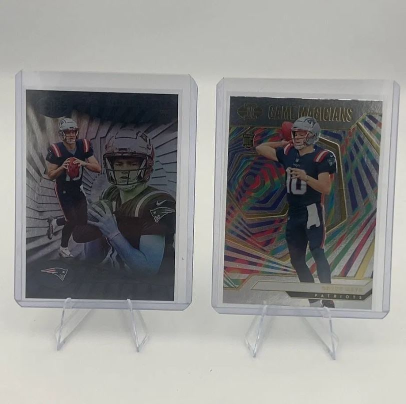 2024 Panini Illusions Drake Maye Rookie Cards: This lot features two 2024 Panini Illusions football trading cards of New England Patriots quarterback Drake Maye. One card is from the 'Game Magicians' insert set and the other displays the rookie