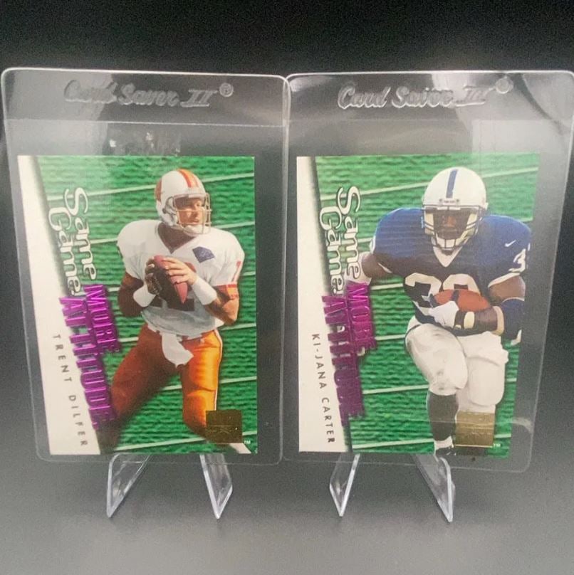 Same Game More Attitude Trent Dilfer and Ki-Jana Carter: This set features football trading cards of Trent Dilfer and Ki-Jana Carter. Both cards are part of the 'Same Game More Attitude' insert series.