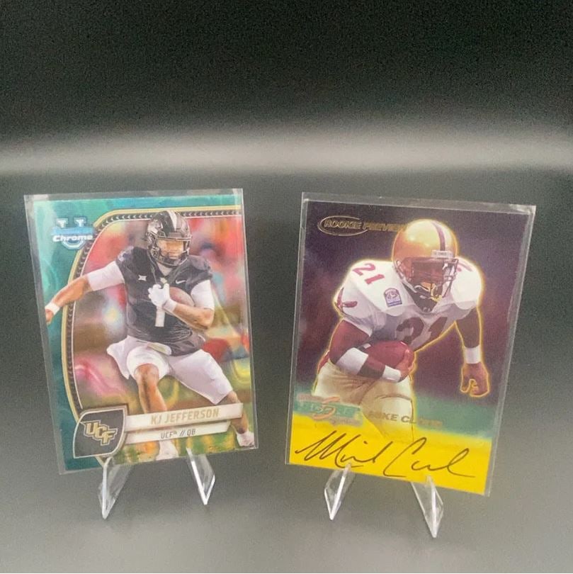 KJ Jefferson Bowman Chrome and Mike Cloud Score Rookie: This lot features two college football cards. The left card is a KJ Jefferson Bowman Chrome card, and the right card is a Mike Cloud Score Rookie Preview autographed card. Both cards are housed in