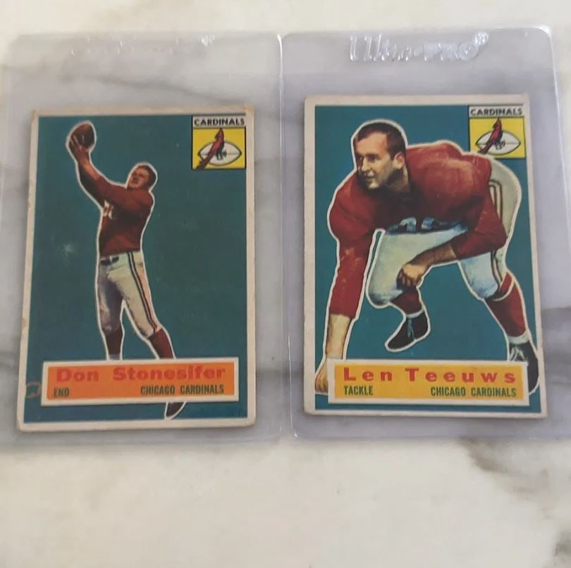 Don Stonesifer, an end, and Len Teeuws,: two vintage Chicago Cardinals football cards. The cards depict players Don Stonesifer, an end, and Len Teeuws, a tackle, both in their team uniforms.