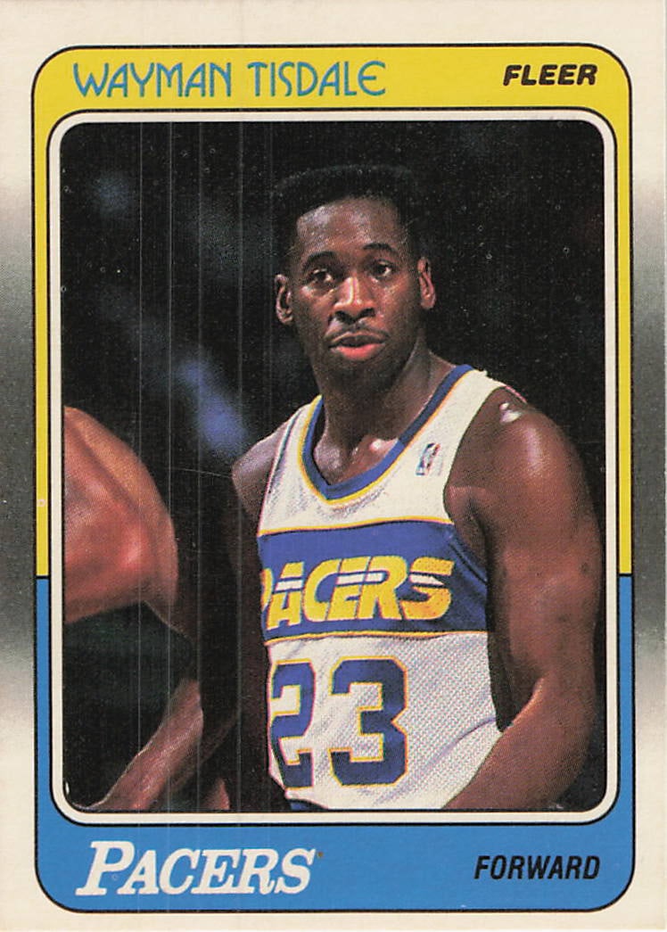 1988-89 Fleer #60 basketball card featuring former NBA player Wayman Tisdale: 1988 Fleer Basketball Wayman Tisdale #60 is a base trading card featuring Wayman Tisdale during his tenure with the Indiana Pacers. Issued during the late-1980s NBA card boom, this Fleer release