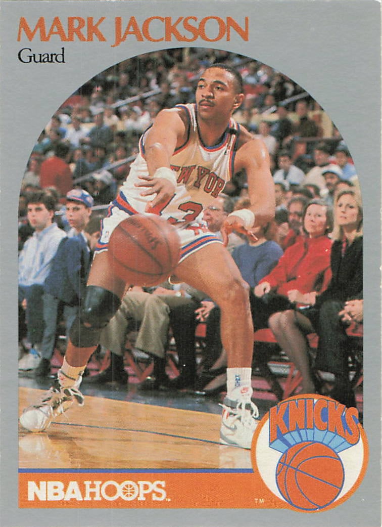 RARE - Menedez Brothers In Backgroung -1990 NBA Hoops Mark A. Jackson #205: RARE Collectors Card - 1990 Hoops Mark Jackson With Menedez Brothers 1990 NBA Hoops Mark A. Jackson #205 is a base trading card featuring Mark A. Jackson during his tenure with the New York Knicks.
