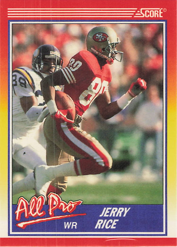 1990 Score All Pro Jerry Rice #590: 1990 Score All Pro Jerry Rice #590 is a base trading card featuring Jerry Rice during his tenure with the San Francisco 49ers. The All Pro subset highlights standout NFL stars of the era and