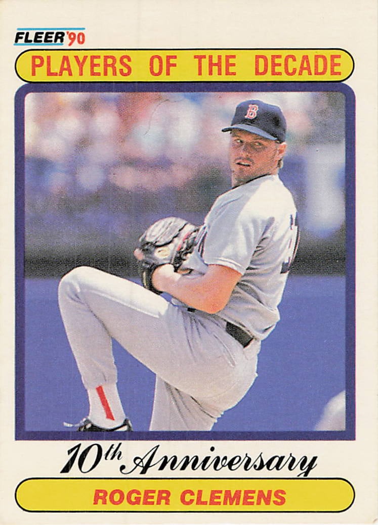 1990 Fleer Players of the Decade Roger Clemens: 1990 Fleer Players of the Decade Roger Clemens is a base trading card featuring Roger Clemens during his tenure with the Boston Red Sox. Issued as part of Fleer's 10th Anniversary Players of the
