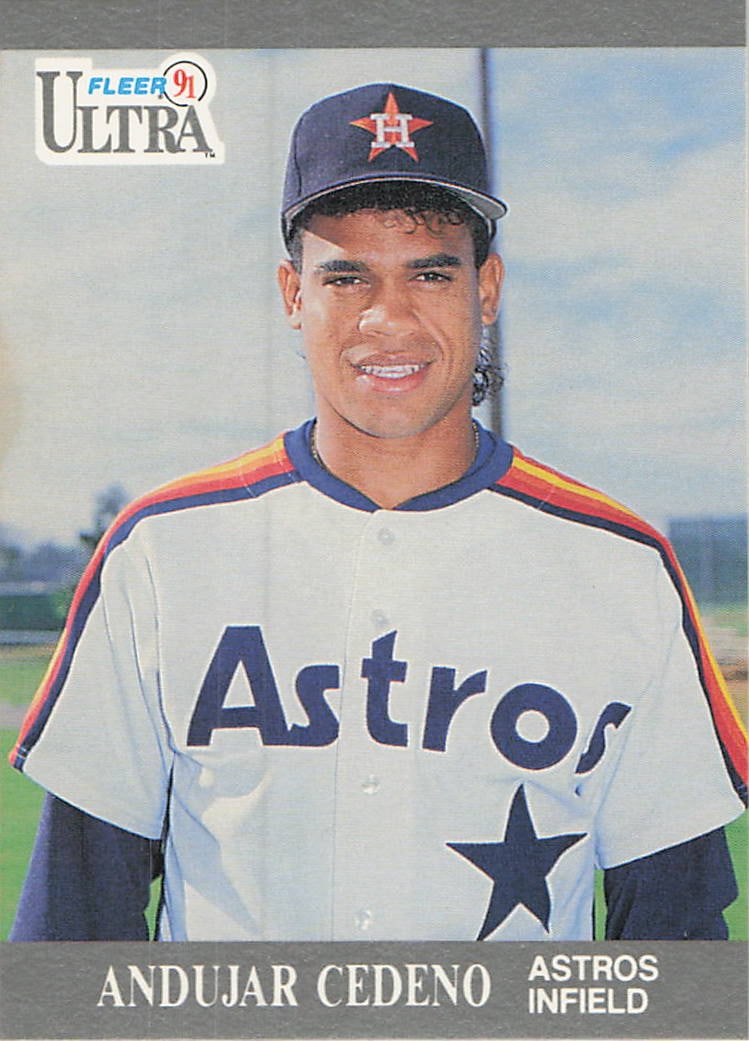 1991 Fleer Ultra Andújar Cedeño Houston Astros Card: This is a 1991 Fleer Ultra baseball card featuring Houston Astros infielder Andújar Cedeño. The card showcases a crisp portrait of the player wearing his classic Astros uniform with the icon
