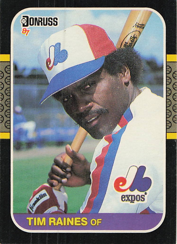 1987 Donruss Tim Raines Montreal Expos Baseball Card: This is a 1987 Donruss baseball card featuring Hall of Famer Tim Raines of the Montreal Expos. The card, numbered 306 in the set, showcases a close-up portrait of the outfielder holding a bat and wear