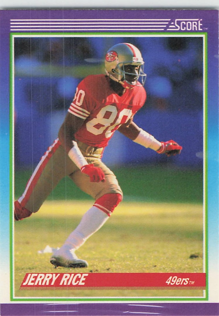 1990 Score Jerry Rice: This is a 1990 Score football card featuring legendary wide receiver Jerry Rice of the San Francisco 49ers. The card is labeled as card number 36 in the set. It captures an action shot of Rice in his