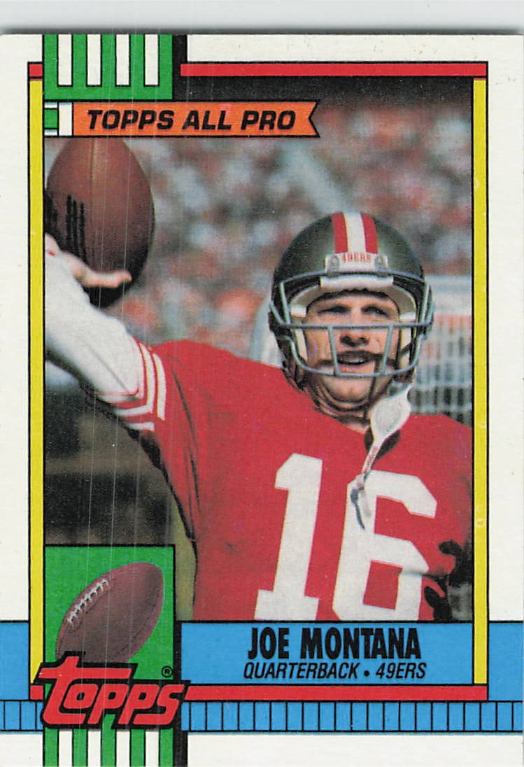 1990 Topps Football Joe Montana #13: This is a 1990 Topps Football trading card featuring Joe Montana, card number 13. The card showcases Montana, one of the most accomplished quarterbacks in NFL history, during his career with the San