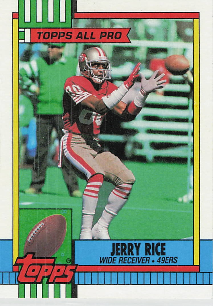 1990 Topps Football - #8 Jerry Rice: This is a 1990 Topps Football trading card featuring Jerry Rice, card number 8. The card showcases Rice, one of the greatest wide receivers in NFL history, during his career with the San Francisco
