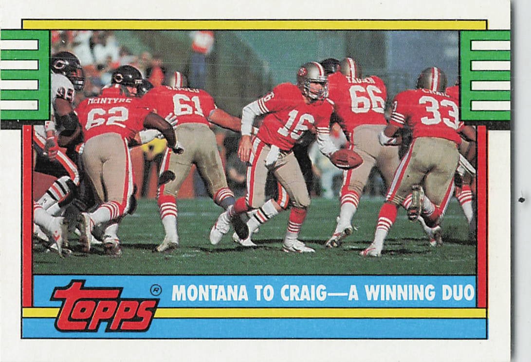 1990 Topps Joe Montana & Roger Craig Football Card: This is a 1990 Topps football card, number 384, titled 'Montana to Craig—A Winning Duo'. The card highlights San Francisco 49ers legends Joe Montana and Roger Craig, featuring an action shot of