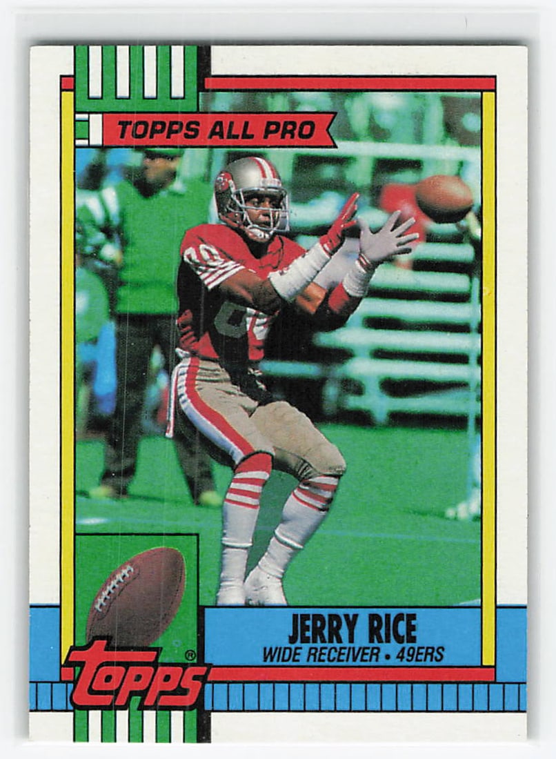 1990 Topps Jerry Rice All-Pro Football Card (#8): This is a 1990 Topps Football trading card featuring Jerry Rice, card number 8. It is an All-Pro card recognizing Rice for his outstanding performance as a wide receiver with the San Francisco 49ers.