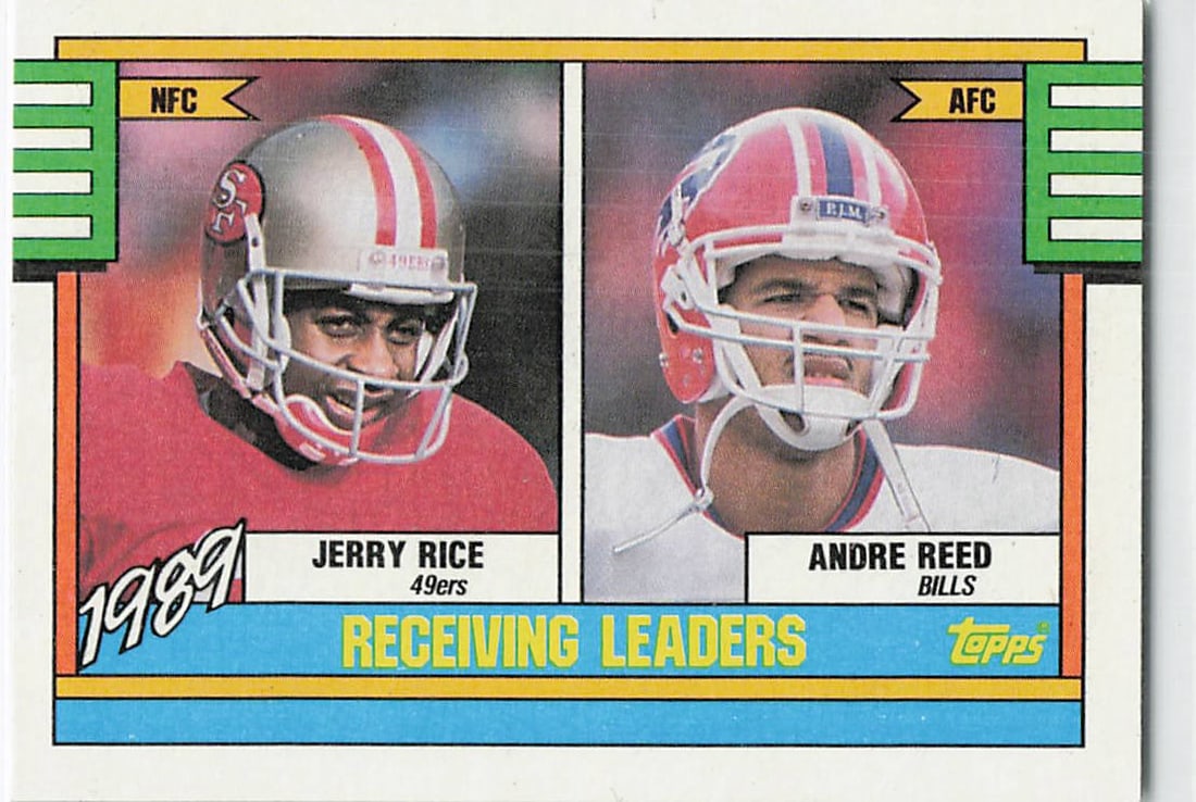 1990 Topps Jerry Rice Andre Reed Receiving Leaders Card: This is a 1990 Topps football card, card number 376, featuring Hall of Fame wide receivers Jerry Rice of the San Francisco 49ers and Andre Reed of the Buffalo Bills. The card is part of the