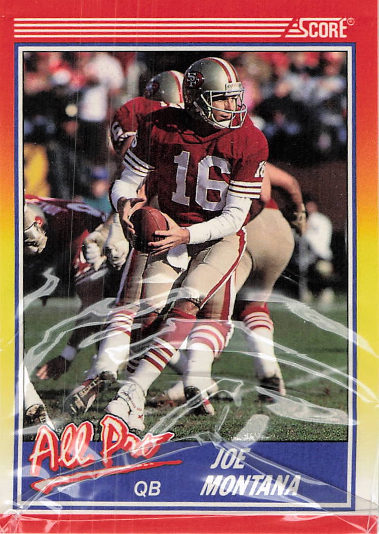 1990 Score Joe Montana All Pro Factory Sealed Card: This is a 1990 Score football card featuring legendary Hall of Fame quarterback Joe Montana of the San Francisco 49ers. The card is labeled as an 'All Pro' selection, highlighting his elite status