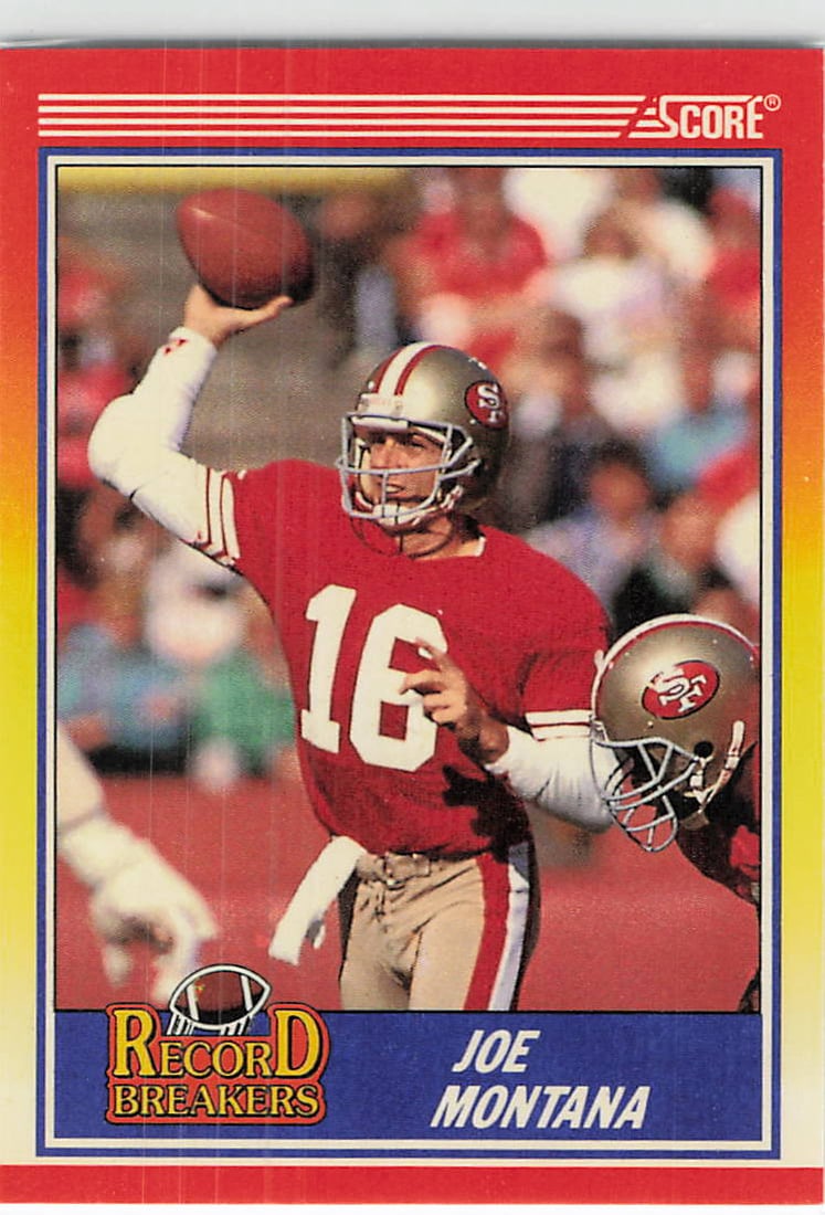 1990 Score Joe Montana Record Breakers Card: This is a 1990 Score football card, card number 667, featuring legendary San Francisco 49ers quarterback Joe Montana. The card is part of the 'Record Breakers' insert set, highlighting Montana's