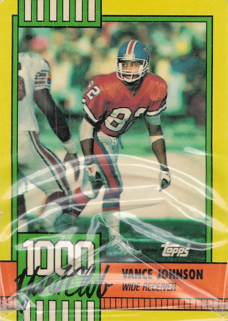 1990 Topps Football: 1990 Topps Football featuring Denver Broncos wide receiver Vance Johnson. The card shown is the 1990 Topps Vance Johnson #362 base card, the classic neon yellow and green design characteristic of the