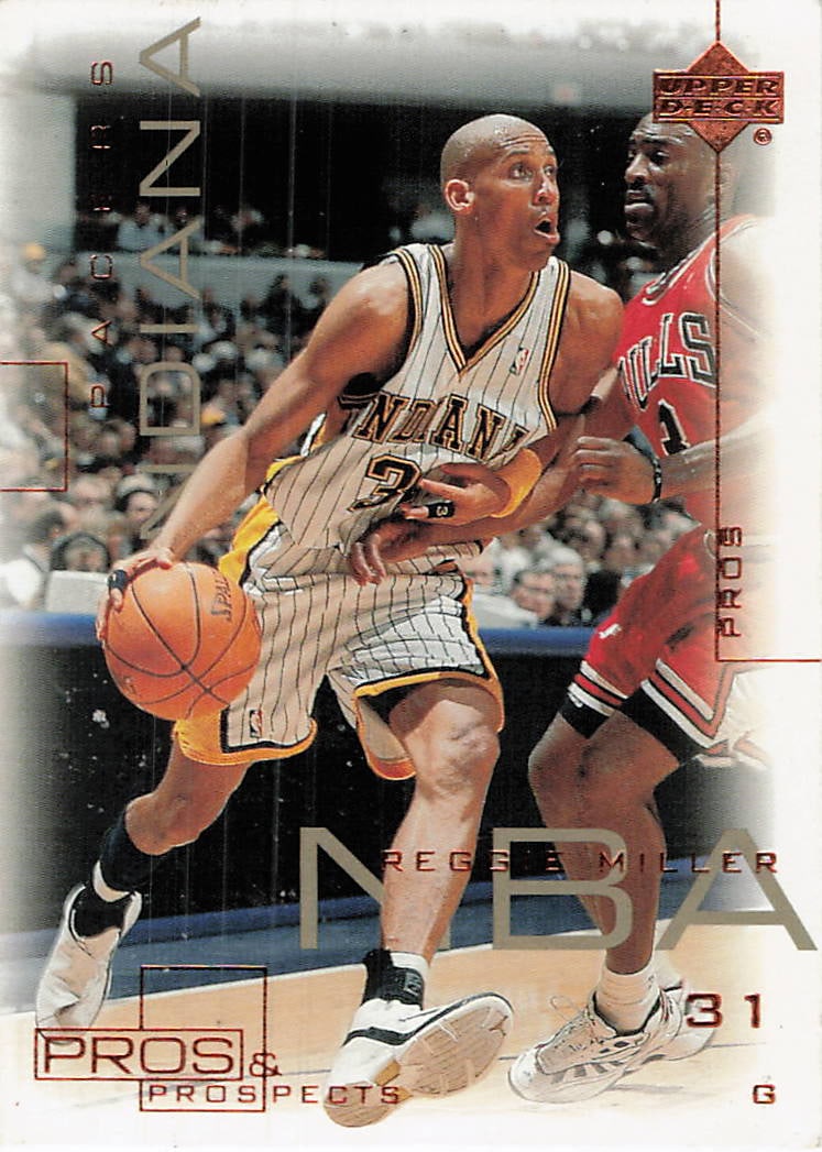 2000-01 Upper Deck Pros & Prospects #31 Reggie Miller: This is a 2000-01 Upper Deck Pros & Prospects basketball trading card featuring Reggie Miller, card number 31. The card showcases Miller, the legendary shooting guard for the Indiana Pacers, during