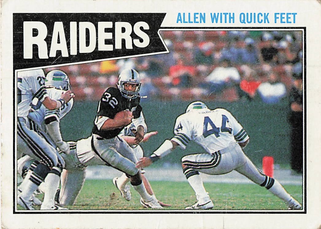 1987 Topps Marcus Allen #213 Los Angeles Raiders football trading card: This is a 1987 Topps Football trading card featuring Marcus Allen, card number 213. The card showcases Allen, the talented running back for the Los Angeles Raiders, during his NFL career. It is a
