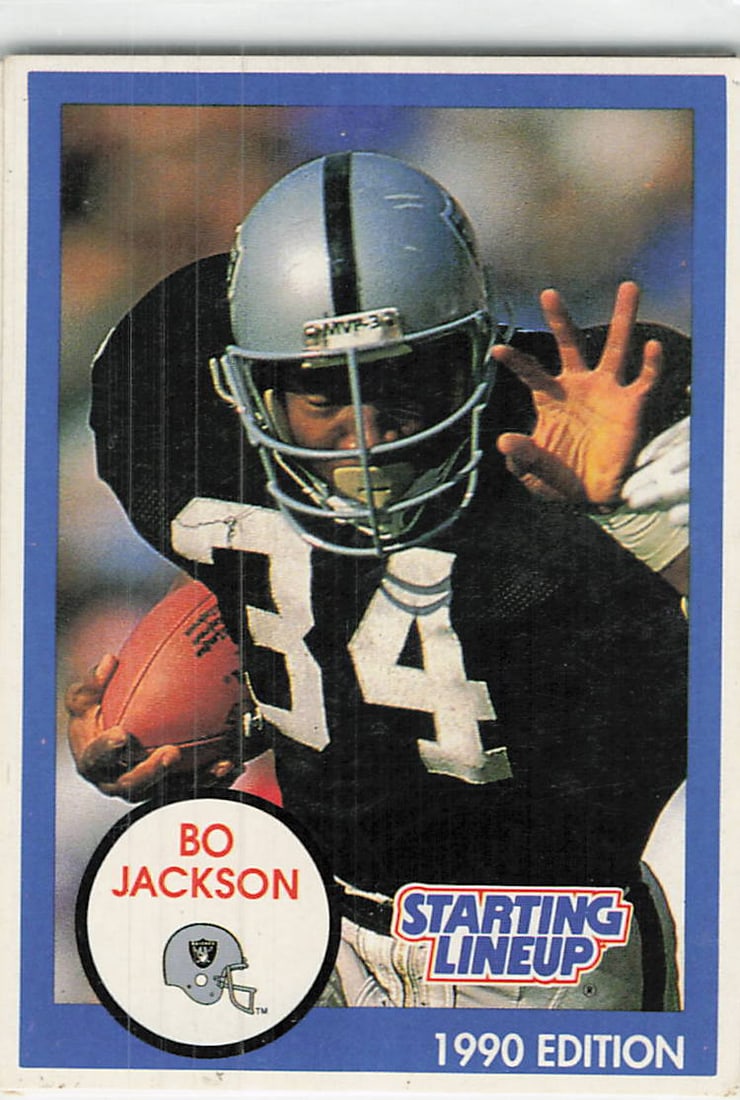1990 Starting Lineup Bo Jackson Los Angeles Raiders Card: This is a 1990 Starting Lineup card featuring NFL star and multi-sport athlete Bo Jackson in his Los Angeles Raiders uniform. This collectible card is part of the 1990 Starting Lineup edition, which