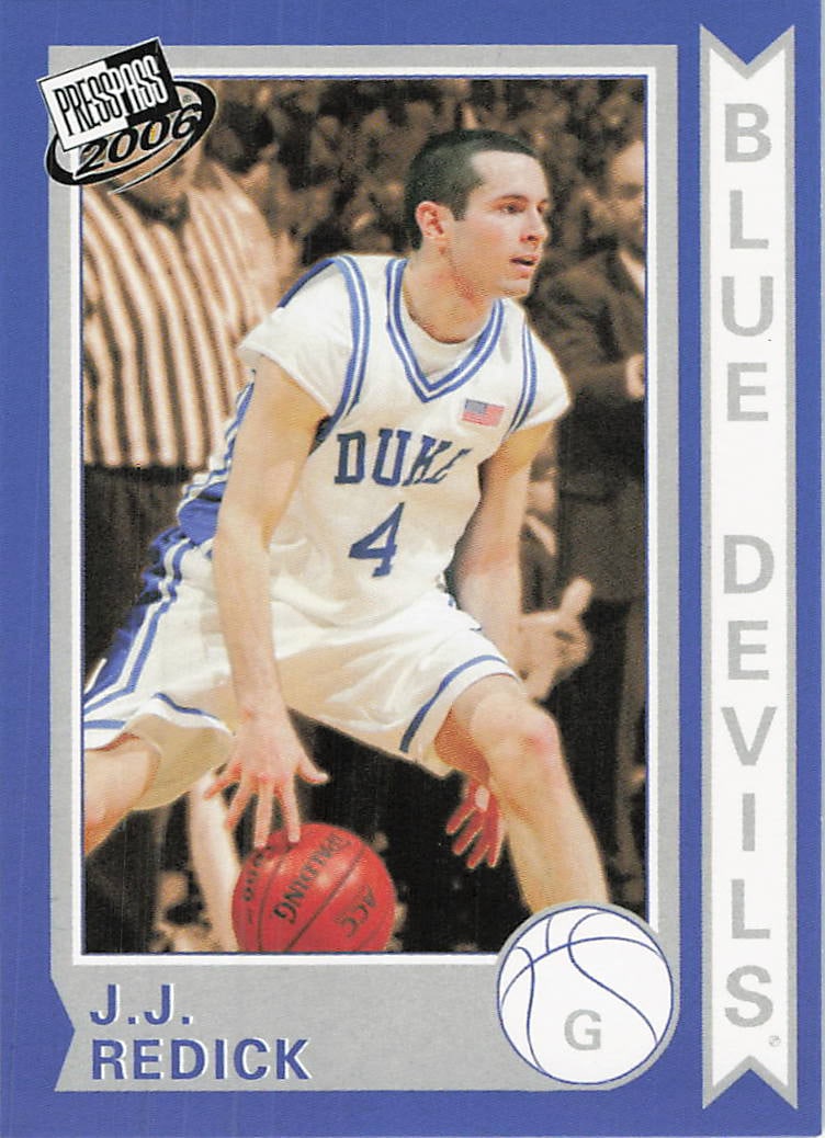 2006 Press Pass J.J. Redick Duke Basketball Card: This is a 2006 Press Pass trading card featuring J.J. Redick during his time at Duke University. The card displays a action shot of Redick dribbling the basketball while wearing his number 4 Duke