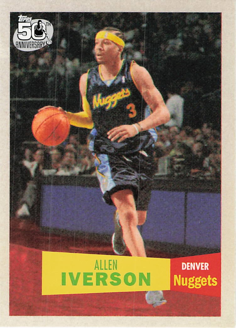 2007-08 Topps Allen Iverson Denver Nuggets Card: This is a 2007-08 Topps basketball card, number 148, featuring Hall of Famer Allen Iverson in his Denver Nuggets uniform. The card is part of the iconic Topps 50th Anniversary set, indicated by the