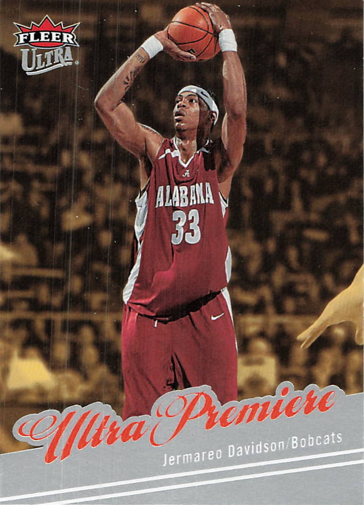 2007-08 Fleer Ultra Jermareo Davidson Ultra Premiere Card: This is a 2007-08 Fleer Ultra basketball card featuring Jermareo Davidson. The card is part of the 'Ultra Premiere' insert set and showcases Davidson in his Alabama collegiate uniform. While the card