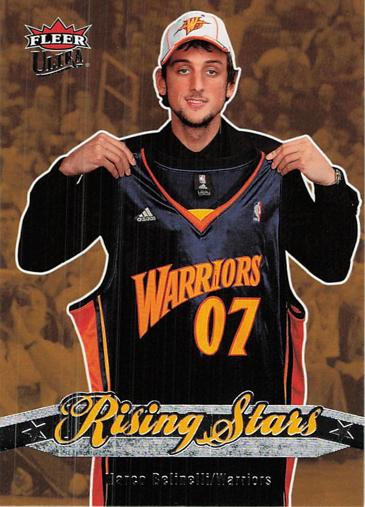 2007-08 Fleer Ultra Rising Stars Marco Belinelli RC: This is a 2007-08 Fleer Ultra Rising Stars basketball card featuring Marco Belinelli of the Golden State Warriors, card number 16. The card showcases Belinelli holding up his team jersey, highlighting