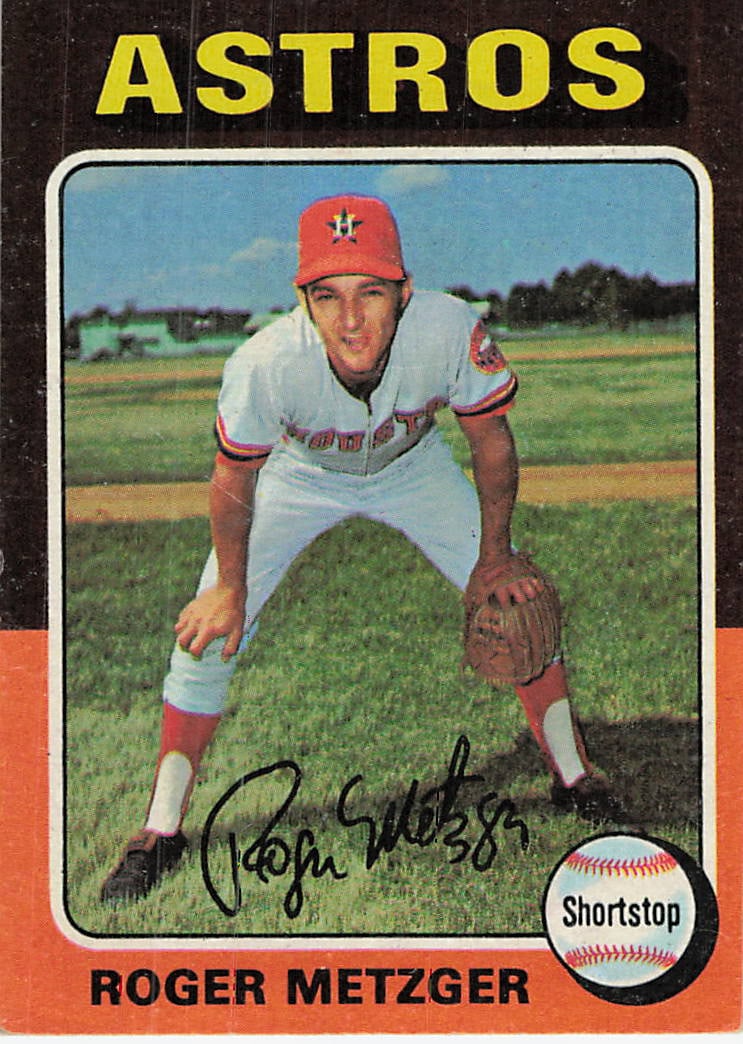 1974 Topps Roger Metzger Houston Astros Baseball Card: This is a 1974 Topps baseball card featuring Houston Astros shortstop Roger Metzger. The card, numbered 383, captures Metzger in a defensive crouch position and features the iconic 1974 Topps design