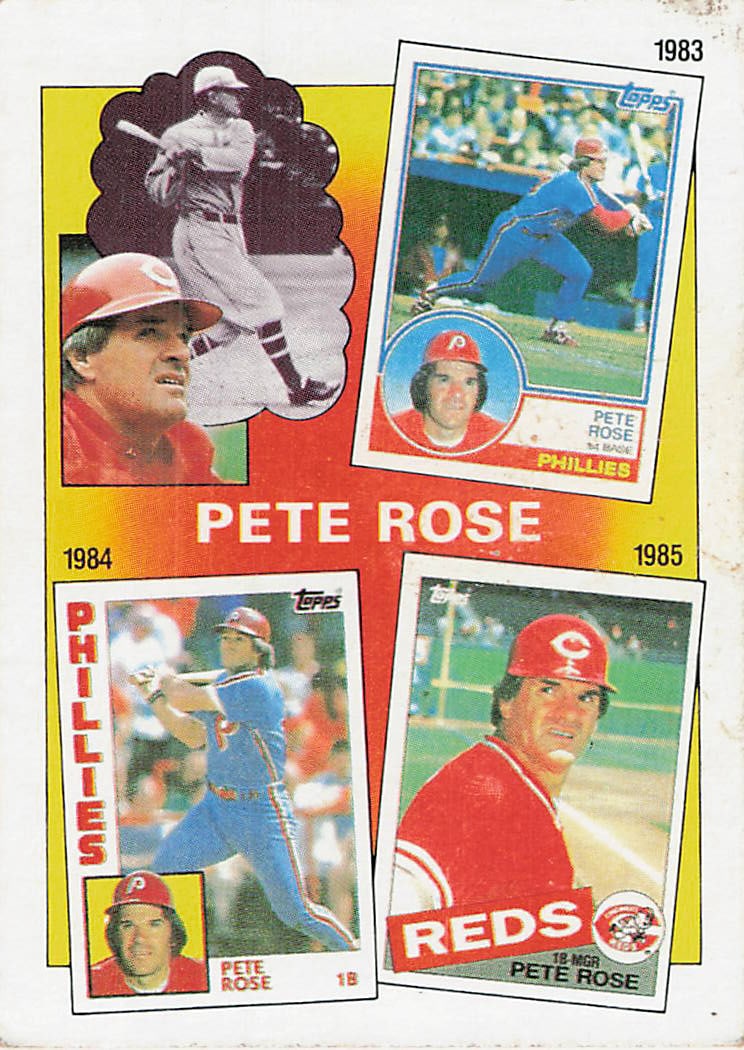 1986 Topps Pete Rose Promo Collector's Tribute Card: This item is a 1986 Topps Pete Rose promo card, cataloged as a collector's tribute piece featuring miniature reprints of Rose's Topps cards from 1983, 1984, and 1985. The card highlights different