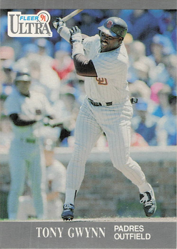 1991 Fleer Ultra Tony Gwynn Baseball Card: This is a 1991 Fleer Ultra baseball card featuring Hall of Famer Tony Gwynn of the San Diego Padres, card number 286. The image captures Gwynn in his iconic batting stance in his home pinstripe unifor