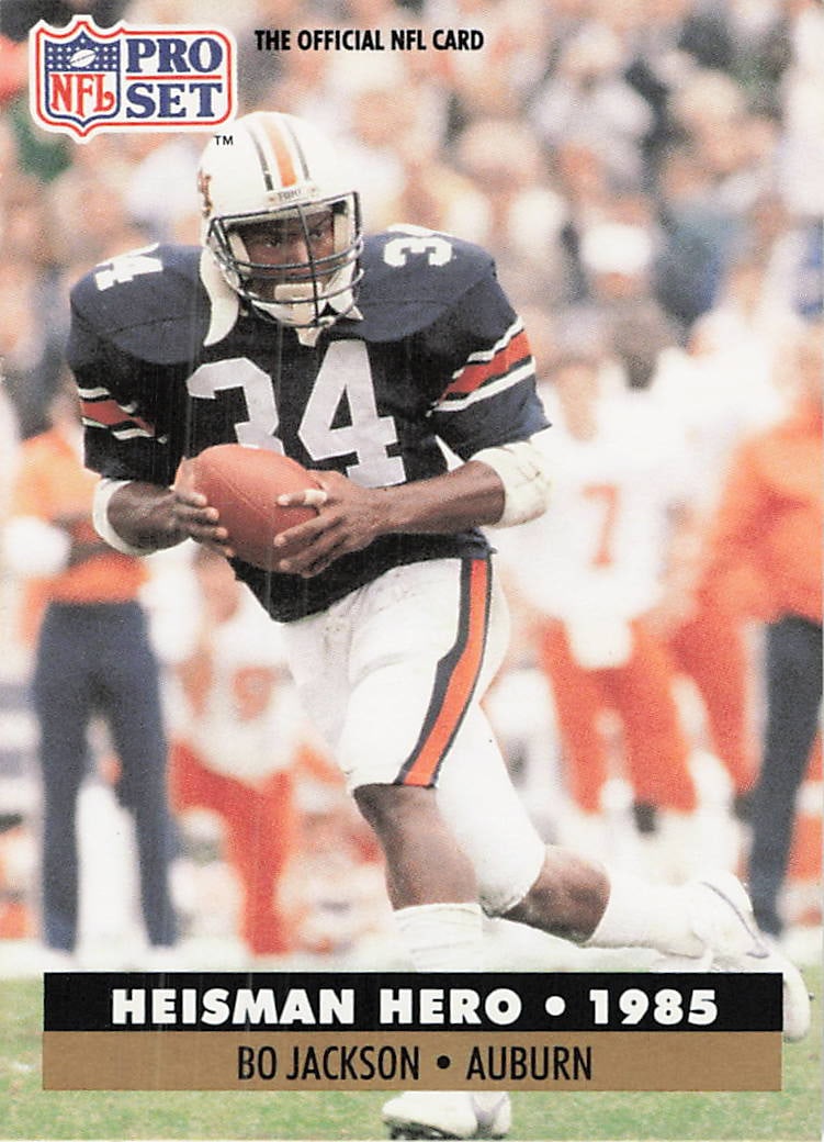 1991 Pro Set Bo Jackson Heisman Hero Football Card: This is a 1991 Pro Set football card, number 42, featuring legendary athlete Bo Jackson. This card is part of the 'Heisman Hero' insert series, commemorating Jackson's 1985 Heisman Trophy-winning