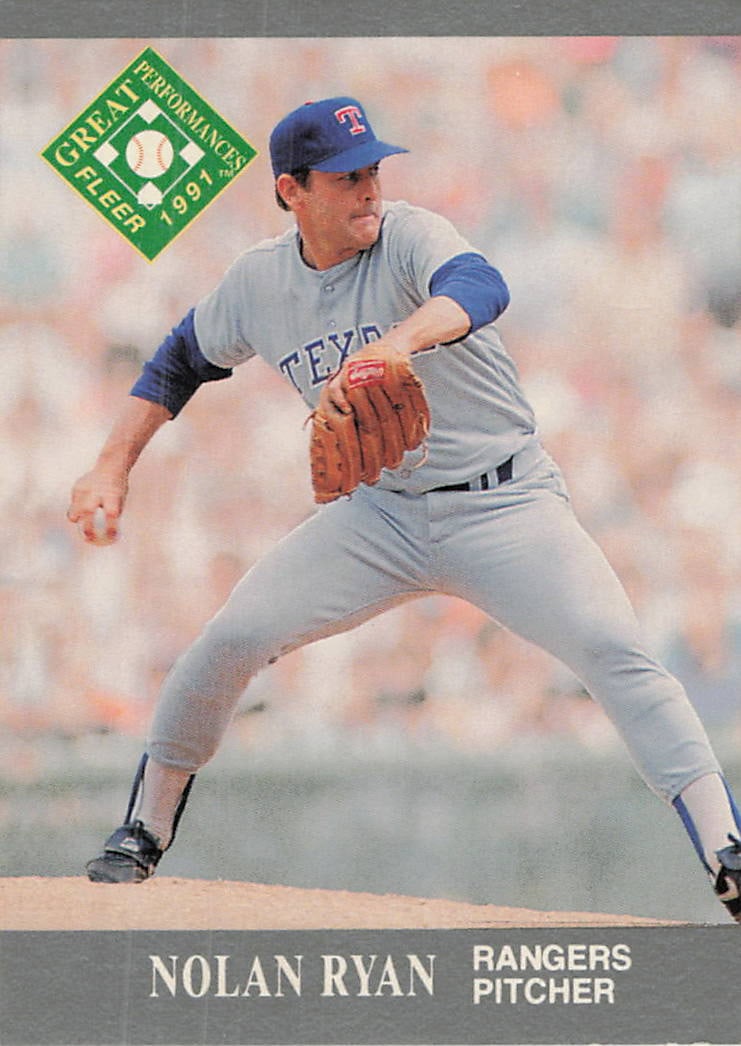 1991 Fleer Great Performances Nolan Ryan #4: This is a 1991 Fleer 'Great Performances' insert card, number 4, featuring Hall of Fame pitcher Nolan Ryan of the Texas Rangers. The card depicts Ryan in his iconic pitching windup while wearing his