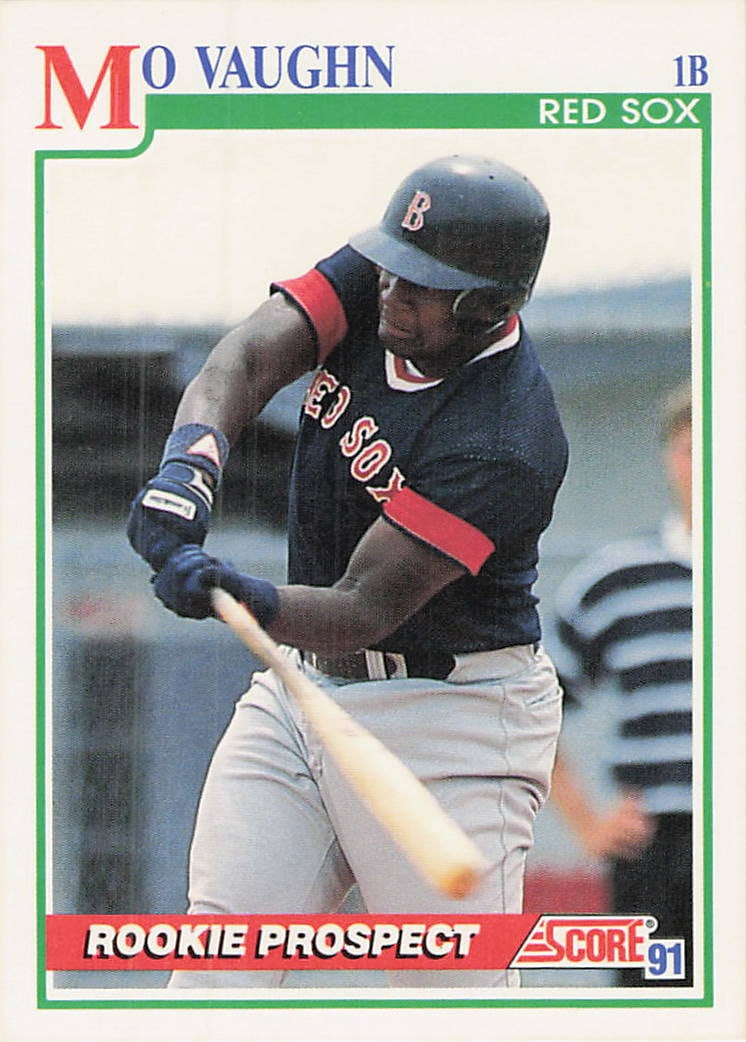 1991 Score Mo Vaughn Rookie Prospect Baseball Card: This is a 1991 Score baseball card featuring Mo Vaughn of the Boston Red Sox. The card is labeled as a 'Rookie Prospect' and showcases Vaughn in a batting stance. It features the classic 1991 Score