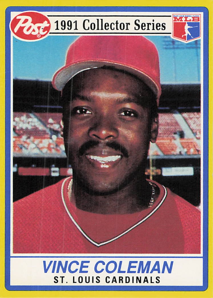1991 Post Cereal Vince Coleman Baseball Card: This is a 1991 Post Cereal Collector Series baseball card featuring Vince Coleman of the St. Louis Cardinals. The card features a close-up portrait of the outfielder against a stadium background and c
