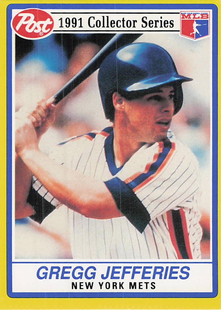 1991 Post Cereal Gregg Jefferies New York Mets Card: This is a 1991 Post Cereal Collector Series baseball card featuring Gregg Jefferies of the New York Mets. The card is identifiable by its distinctive yellow border and the Post logo in the upper left