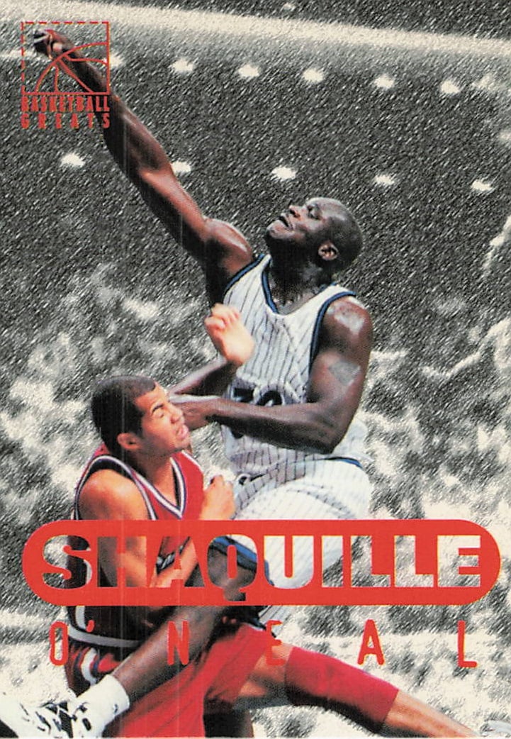 1993-94 Basketball Greats Shaquille O'Neal Card: This is a 1993-94 Basketball Greats card featuring NBA legend Shaquille O'Neal. The card prominently displays the name 'SHAQUILLE O'NEAL' across the center in a bold red font, set against a stylized,