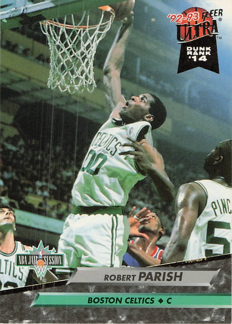 1992-93 Fleer Ultra Robert Parish Dunk Rank Basketball Card: This is a 1992-93 Fleer Ultra basketball card featuring Hall of Famer Robert Parish of the Boston Celtics. The card is part of the 'Dunk Rank' subset and specifically highlights his ranking of 14, ide