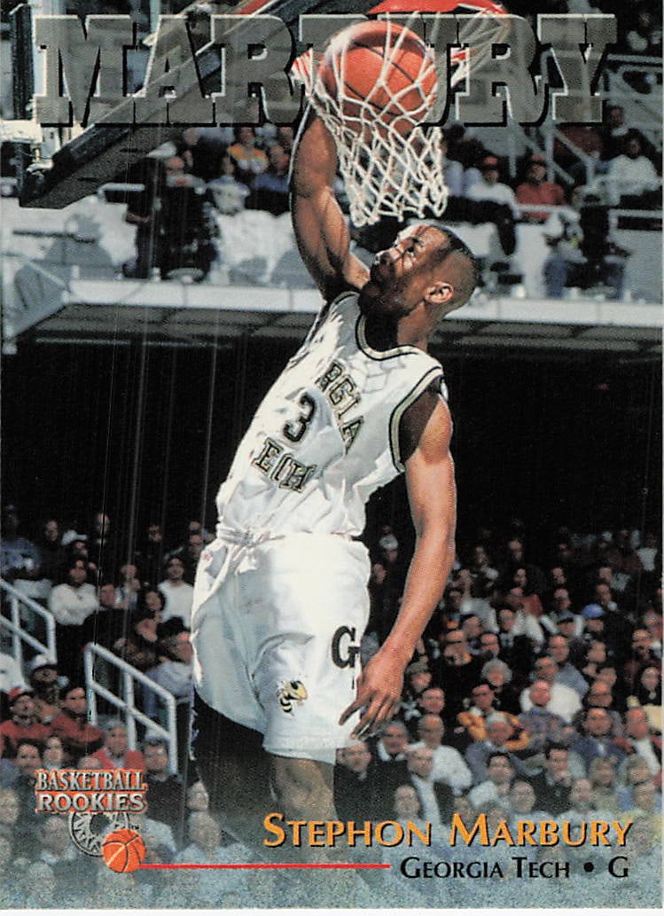 1996-97 Score Board Stephon Marbury Georgia Tech Rookie Card: This is a 1996-97 Score Board 'Basketball Rookies' card featuring Stephon Marbury during his college career at Georgia Tech. The card highlights Marbury executing a dunk, identifying him as a guard