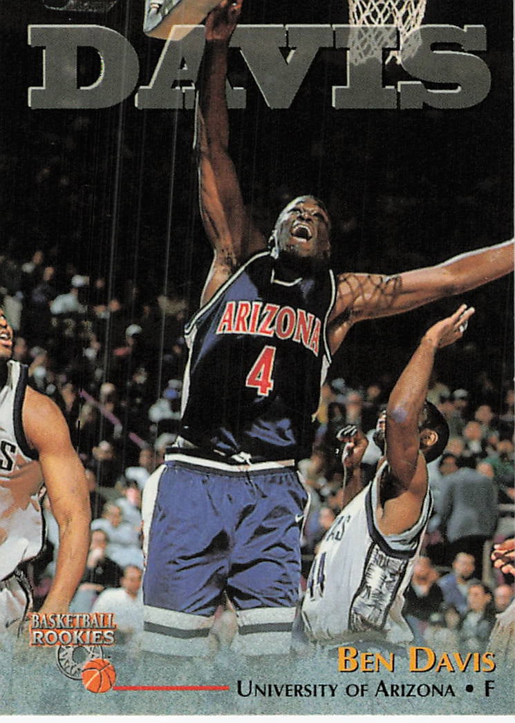 1996-97 Classic Ben Davis Basketball Rookie Card: This is a 1996-97 Classic basketball card featuring Ben Davis of the University of Arizona. The card is labeled as a "Basketball Rookie" and showcases Davis in action during a game. It is a standard