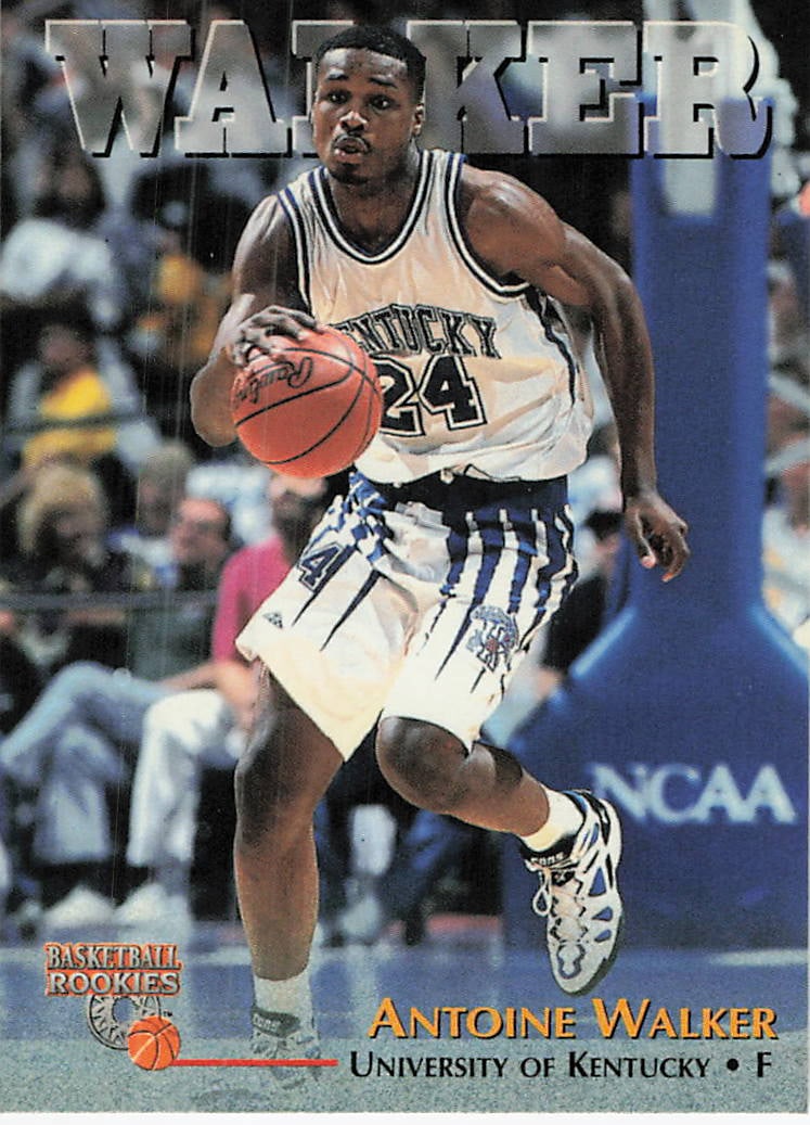 1996-97 Score Board Antoine Walker Kentucky Rookie Card: This is a 1996-97 Score Board college basketball card featuring Antoine Walker of the University of Kentucky. The card is labeled as part of the 'Basketball Rookies' set and showcases a dynamic