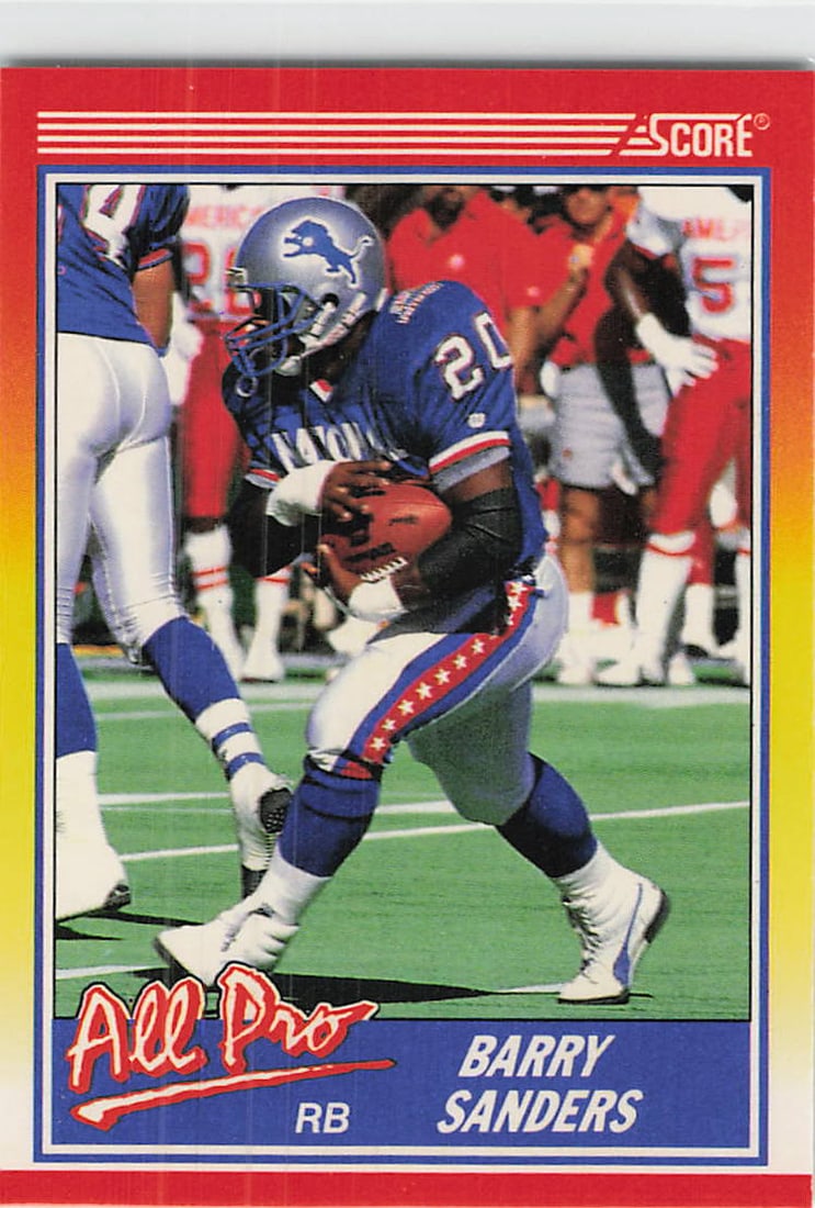 1990 Score Barry Sanders All-Pro Football Card: This is a 1990 Score All-Pro football card featuring Hall of Fame running back Barry Sanders of the Detroit Lions. The card, numbered 306 in the set, showcases Sanders in his iconic Honolulu blue unif