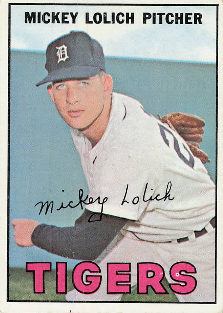 1967 Topps Mickey Lolich Detroit Tigers Baseball Card: This is a 1967 Topps baseball card, number 466, featuring Detroit Tigers pitcher Mickey Lolich. The card showcases a classic portrait photograph of the player set against a blue background, with his