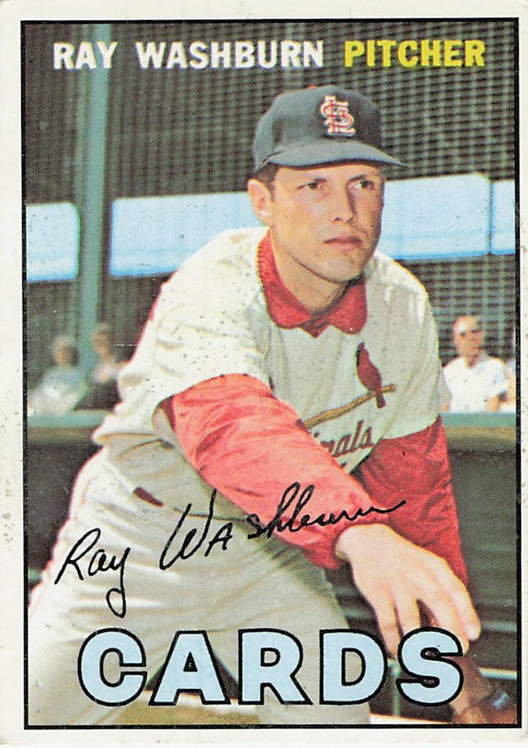 1967 Topps Ray Washburn St. Louis Cardinals Baseball Card: This is a 1967 Topps baseball card, number 466, featuring St. Louis Cardinals pitcher Ray Washburn. The card design is characterized by its distinct vertical 'CARDS' team name heading and a facsimile 